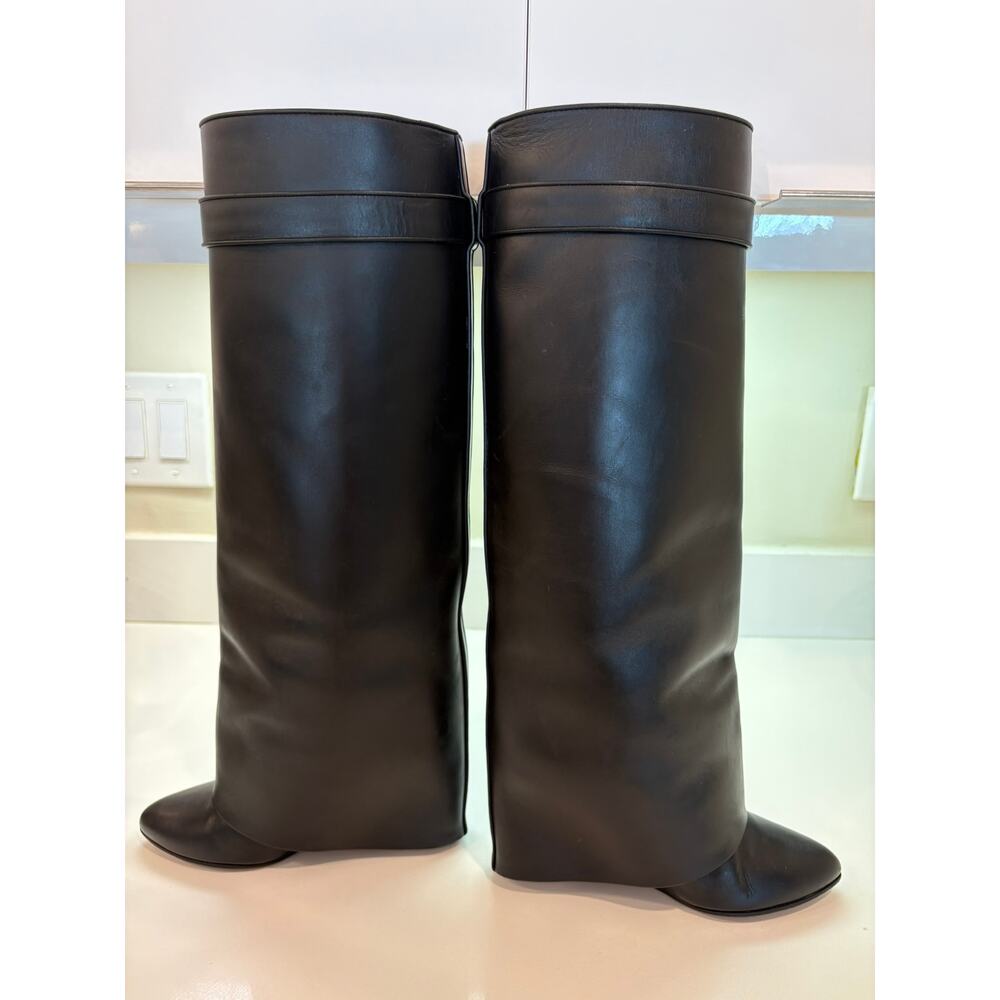 Givenchy Black Leather Knee-High Wedge Boots with Buckle Detail - Picture 2 of 16